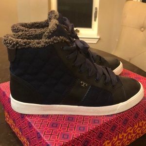 Tori Burch quilted navy high tops - work once